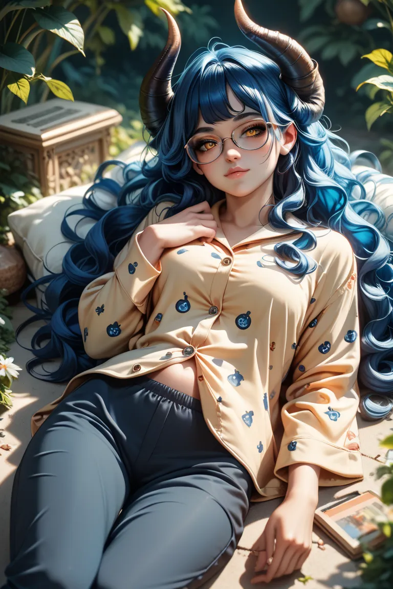 A woman, young and beautiful, With wavy blue hair,  amber eyes, glasses, curled demon horns. Alone, Long hair,  black pants. high resolution, masterpiece, pajamas, blue hair clothing, light makeup. curved horns, lying down, hair on the ground 