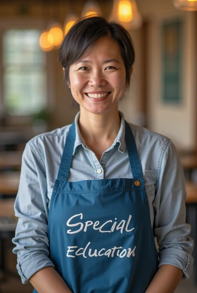 Woman with short hair dressed in blue pand and apron with the motto special education 