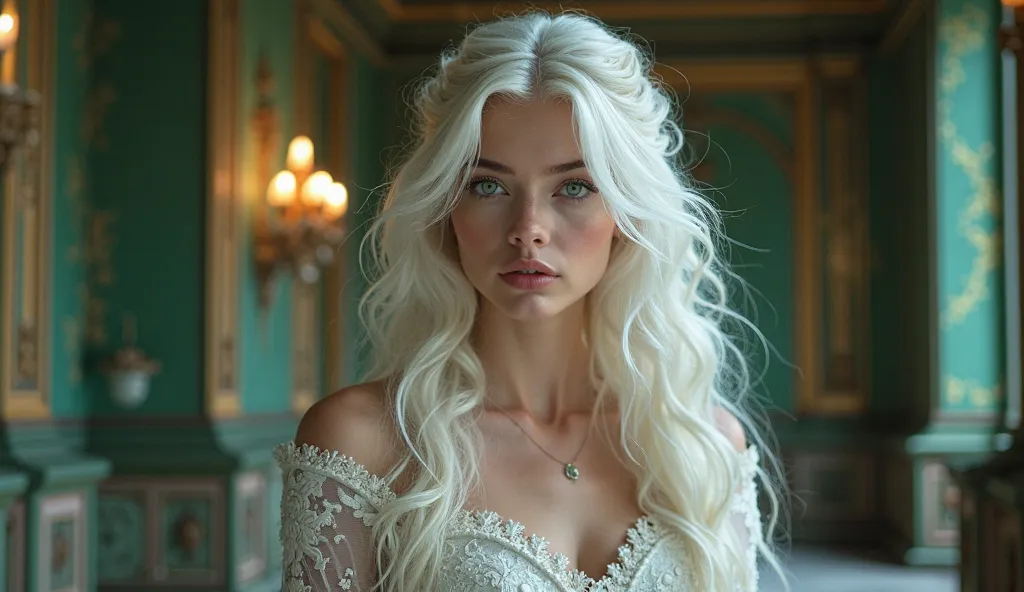 princess girls full body background in a castle, deep dark green eyes white hair super white skin, beautiful