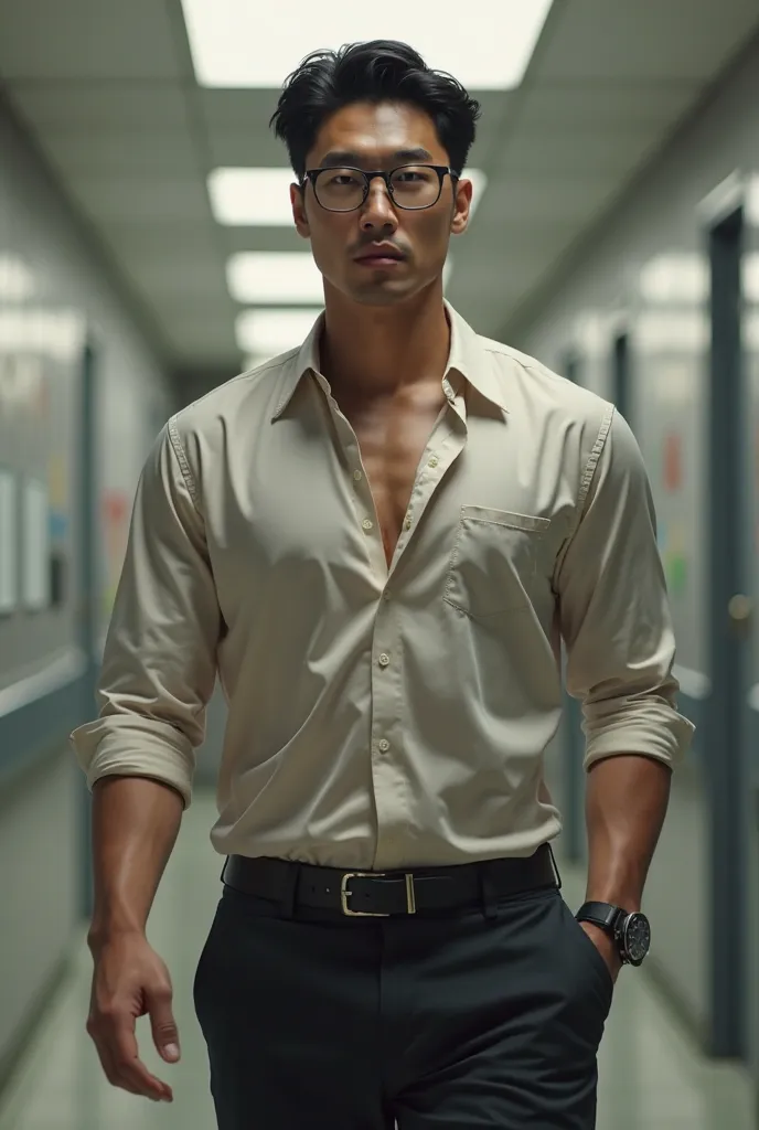 Korean gentleman,super big breasts ,teacher,shiny tight clothes, tanned skin,clean shave,walk the hallway,Handsome and elegant,wear glasses, sexy , Masculine and handsome，musculous，Muscles look good,,, Full body photo,(ultra-detailed, photorealistic, best ...