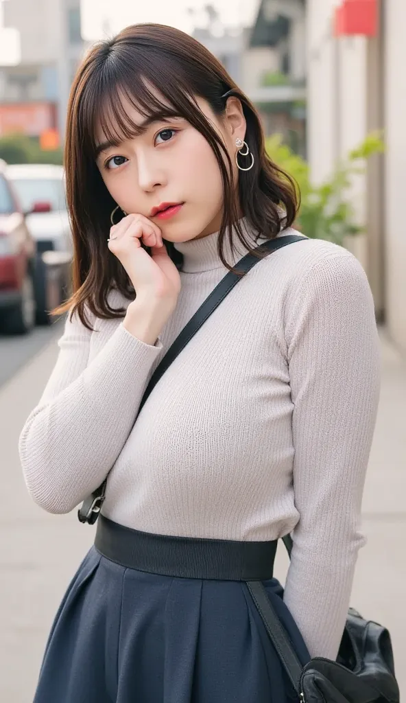 High resolution photos of young Japanese women wearing sleeveless sweaters and skirts, Fashion Shoot, Portrait, Focus on Your FACE, 1 girl who died, (big breasts, Round Breasts), medium length dark hair with bangs,  snowy skin , fine skin, (hang a sports b...