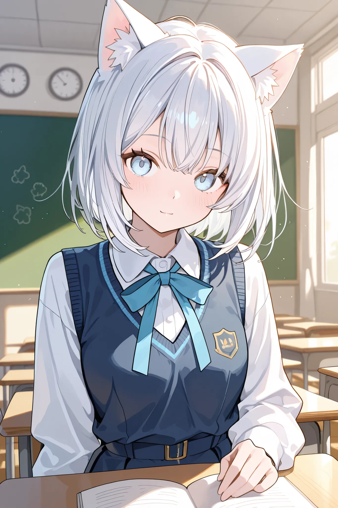  girl　white hair　student　Light blue eyes 　Cat ears　classroom　masterpiece