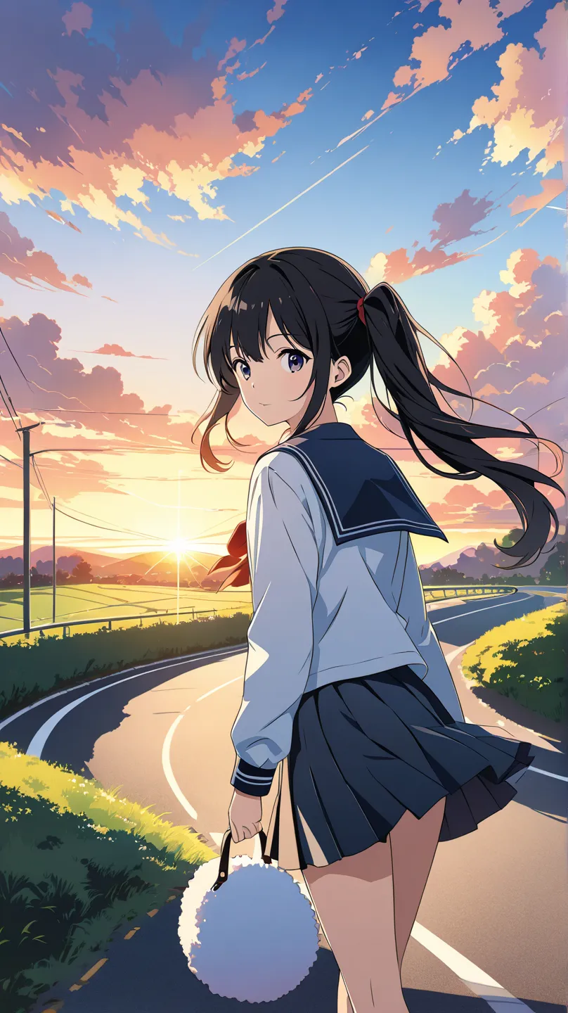 anime,vector art,(masterpiece:1.2),( so absurd:1.2), Soft Light Effects ,Fluffy painting,side ponytail,  black hair,school uniform,Sunset Road,Scenery on the way home from school, Girl Looking Back