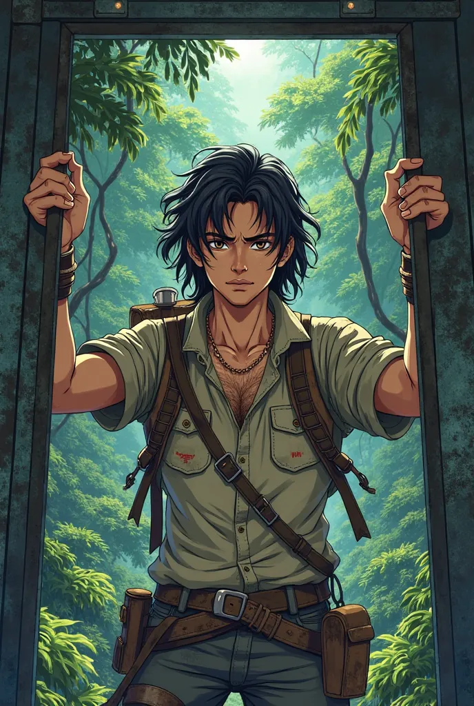 AN EXPLORER TRAPPED IN A CELL IN THE DANGEROUS JUNGLE. anime style 90s 