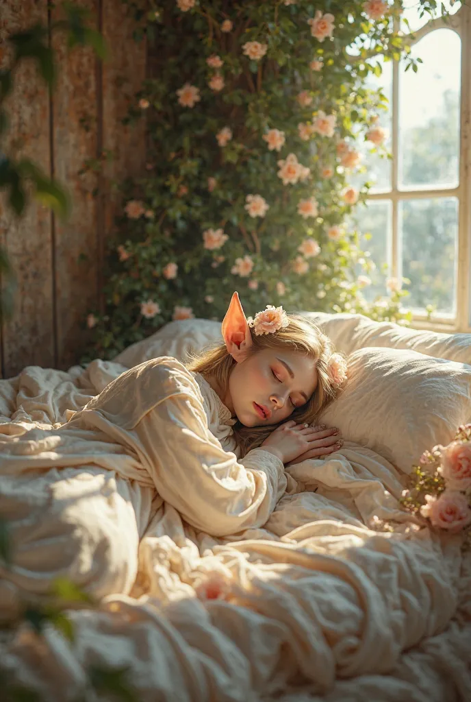 Beautiful elf in the house on a bed with flowers 