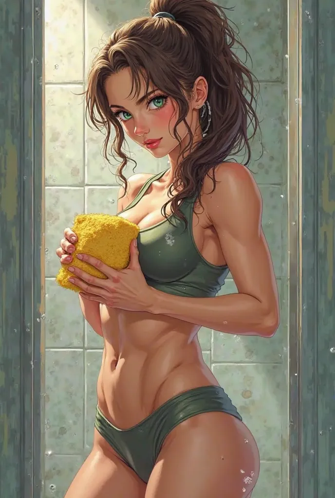 A busty woman with brown hair in a ponytail and green eyes, wearing an athletes outfit, holding and tightly gripping a soapy yellow kitchen sponge. Shower background. Anime style.