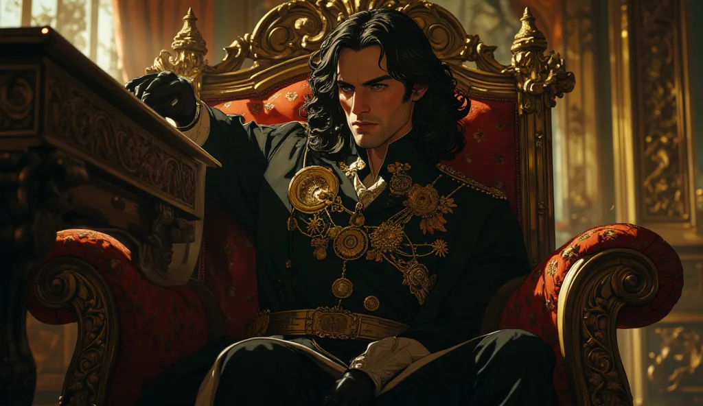 masterpiece  a man sitting on a royal chair washing the piano, he is 30 years old  , black long hair , angry expression, wears black royal clothes , 8k quality, high resolution