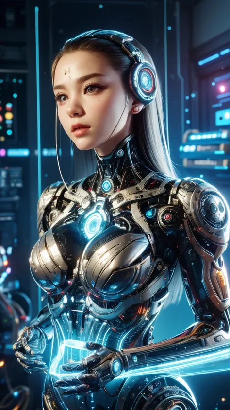 high quality, Fine Detail, 4K, 8k,  super realistic, Super Realistic,  professional , Biochemical Girl, Slow, Japanese, Facial Exquisite, Liu Hai Ear Forehead, Forehead Crystal Pattern, Machine Headgear, Chest, Blue Biochemical Warsuit, Indoor scene,  brig...