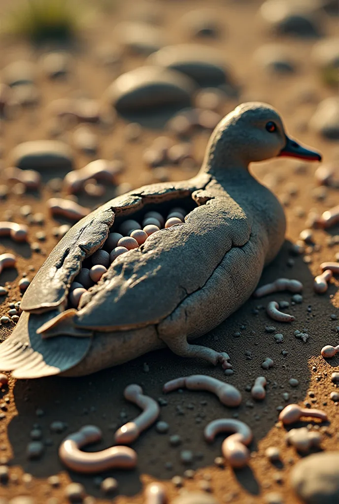 "A highly dramatic and ultra-realistic image of a common gray duck lying on the ground with its back hauntingly hollowed out, revealing a deep cavity filled with numerous small, delicate eggs. The hollowed area appears eerily natural, seamlessly blending w...