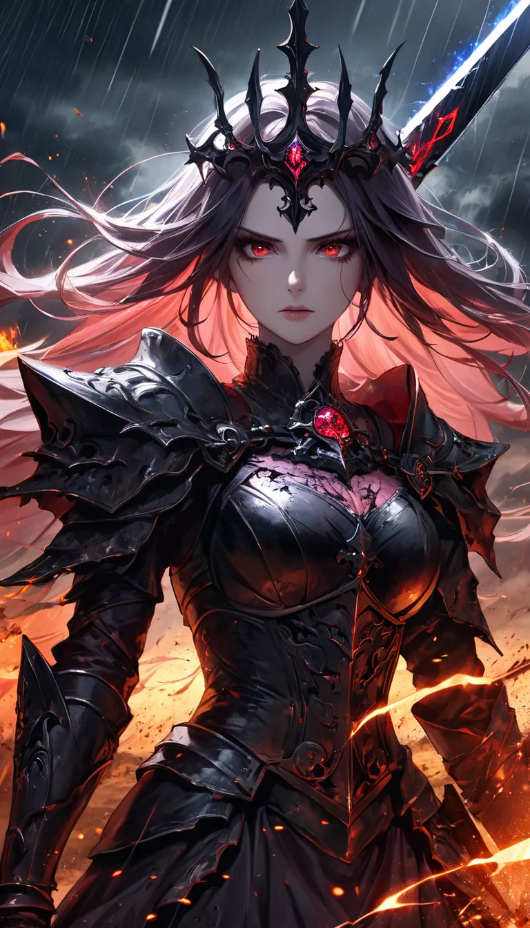 (Extreme close-up, Face-focused portrait)""A dark empress standing in a battle-worn field, gazing at a massive cursed sword embedded deeply in the ground before her. The blade glows with ominous dark energy, cracks spreading outward from the point of impac...