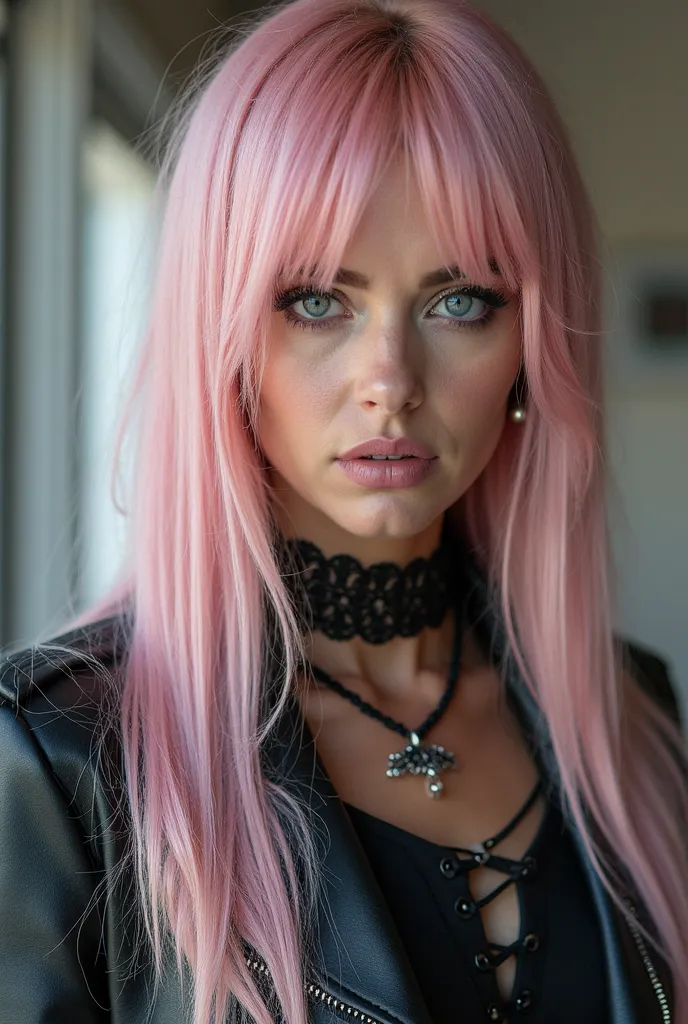 Woman with light pink straight hair and beautiful blue eyes dressed like a rocker goth with accessories. Her makeup is simple, But it matches the rest. She looks full bodied and wears black boots with heels.