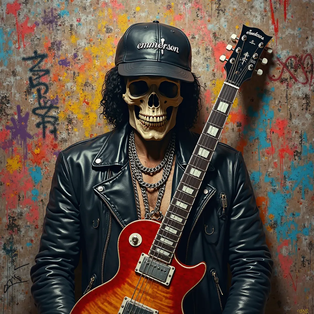 Create an image of a skull with urban clothing with a electric guitar and graffiti on the background wall with a logo that says "Emmerson"