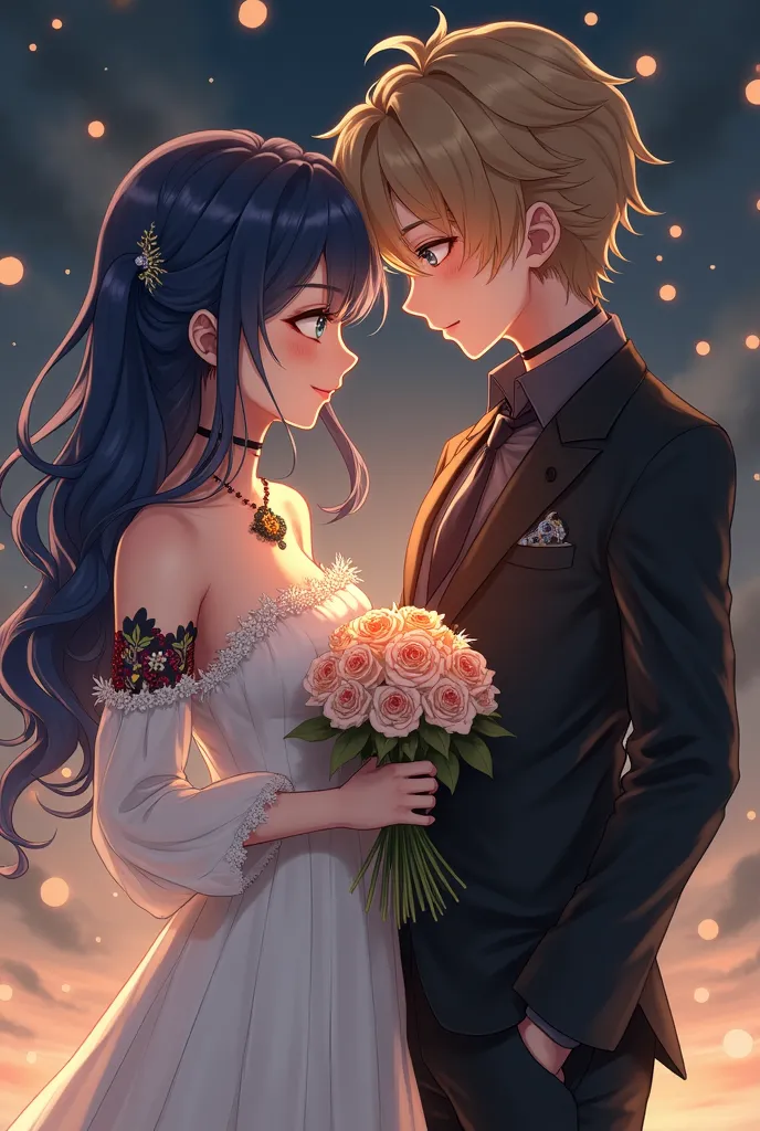 Combine these two characters in one picture. The picture of a boy offering a ring to the girl to accept for marriage while wearing an elegant black suit and the girl wearing a short off-shoulder white dress and the boy is obsessed with her
Make them look r...