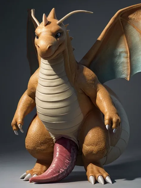 feral Dragonite, ((((realistic, hyper erected tapering penis, precum, standing, front view, feral)))), spread legs, blue blank background