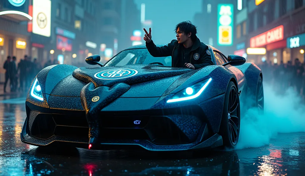 Dynamic Dutch aDynamic Dutch angle shot of the ‘Vipera Nera’ Snake Car parked on a neon-lit cyberpunk street, acid rain cascading over its serpent-scale armor. The Italian man leans out of the driver’s window, his face turned directly toward the camera, sh...