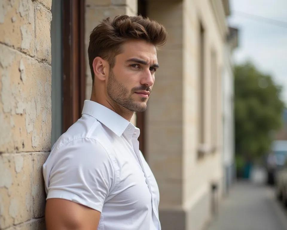 Handsome guy,leaning against the wall of a normal building, Boydan , realistic photo, man with brown sparse and short hair,  muscular man , in a white shirt, realistic photo,Beautiful posing from the side