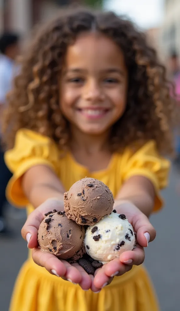 A small smiling woman wears a yellow dress of curly hair while showing several scoops of chocolate cookies and cream ice cream with a sprinkling of white choco chips in her open palm. Ice cream begins to melt in her open palm. Close up in the ice cream sec...