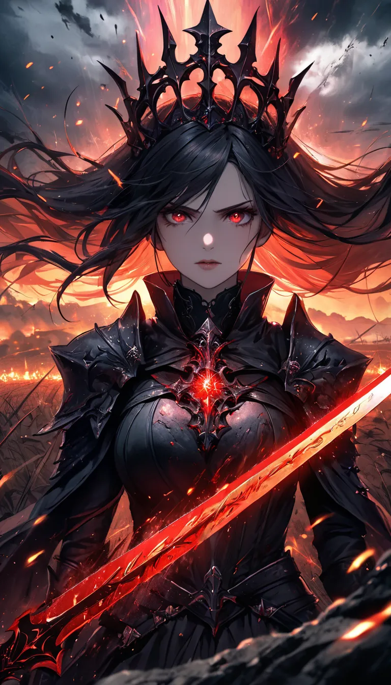 (Extreme close-up, Face-focused portrait)""A dark empress standing in a battle-worn field, gazing at a massive cursed sword embedded deeply in the ground before her. The blade glows with ominous dark energy, cracks spreading outward from the point of impac...