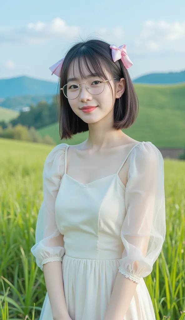 8k, Asian girl with pink ribbon on her bob hair, age 20, with a glases, standing in a field, with cute smile, in white dress