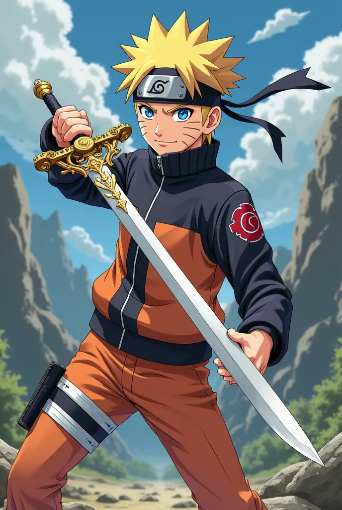 The character Naruto Uzumaki, in anime style, carrying a two-handed sword in the style of the anime Sword Art Online 