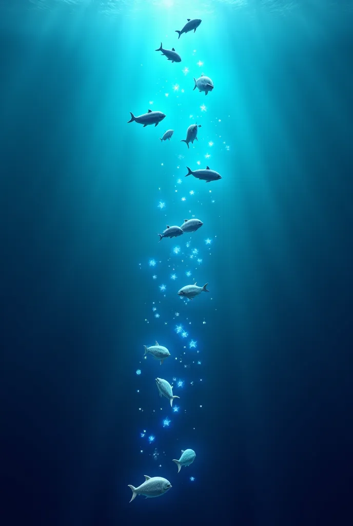 "A 3D scene of underwater sea life with schools of fish interacting with each other in a playful and organized way, resembling a social network. Include fish like dolphins communicating with glowing bubbles or light pulses."