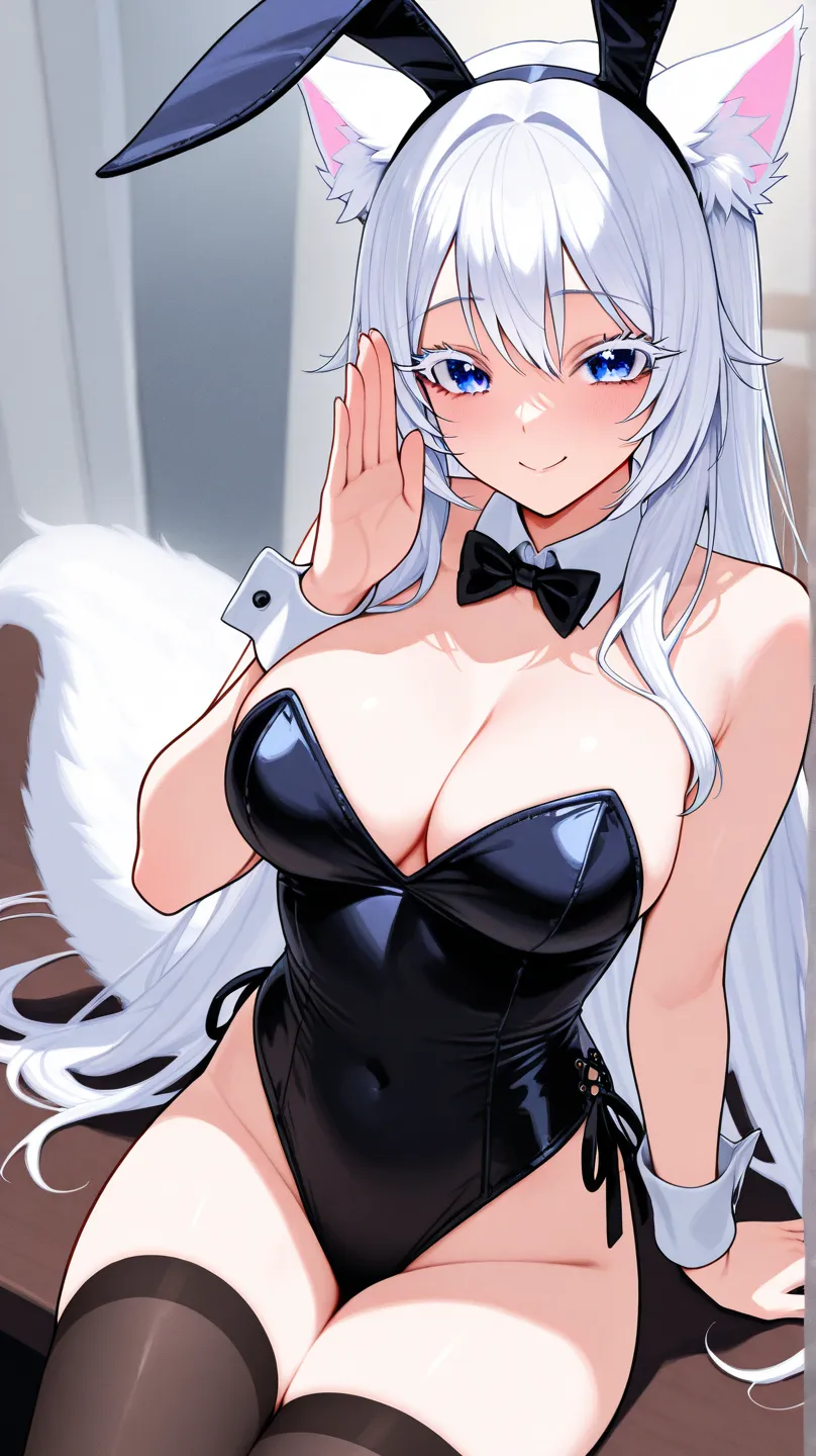 A dazzling adult waifu vifu, the very embodiment of irresistible charm. Her long, silky white hair frames a face of ethereal beauty, where deep blue eyes, surrounded by snowy eyelashes, flash with mischief and mystery. Her fluffy ears tremble softly with e...