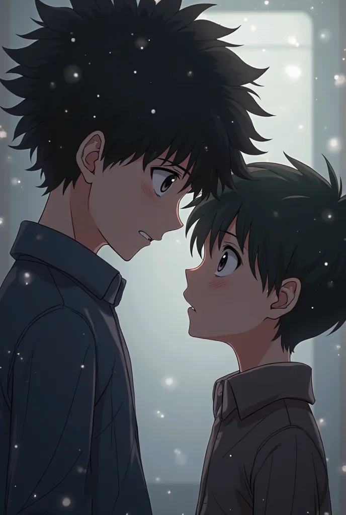 Shigeo (Kageyama) turns his head to face Izuku, his eyes softening slightly as he speaks. anime art style