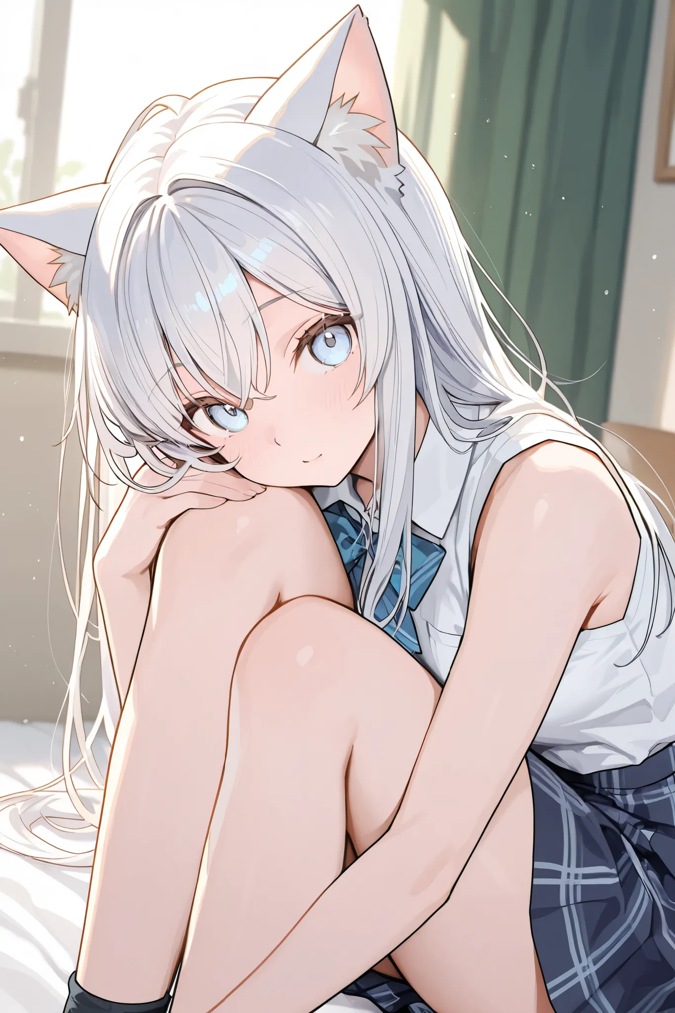  girl　white hair　student　Light blue eyes 　Cat ears　masterpiece