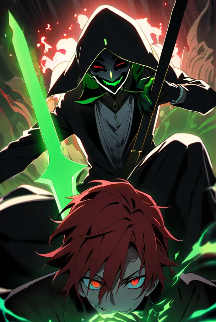 "An anime man with vibrant red hair and bright red-green eyes. He wears an elegant black suit with red accents and wears a creepy mask with a sharp smile in shades of green and red that covers only his mouth and is entirely white except for the smile. He i...