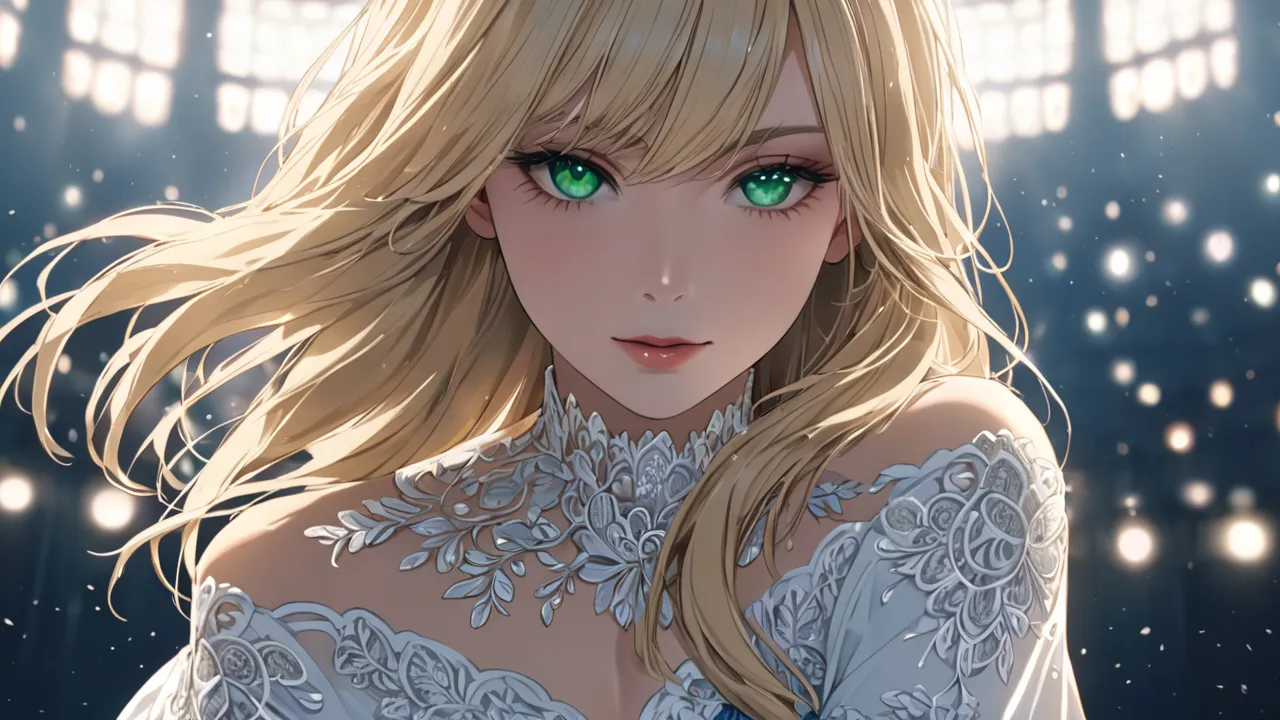 Very intricate, highly detailed 8k ultra-high definition cinema lighting a beautiful woman with long blonde hair and green eyes in a white skirt and top with silver embroidery her skin is a beautiful shade of cobalt blue looking at the camera