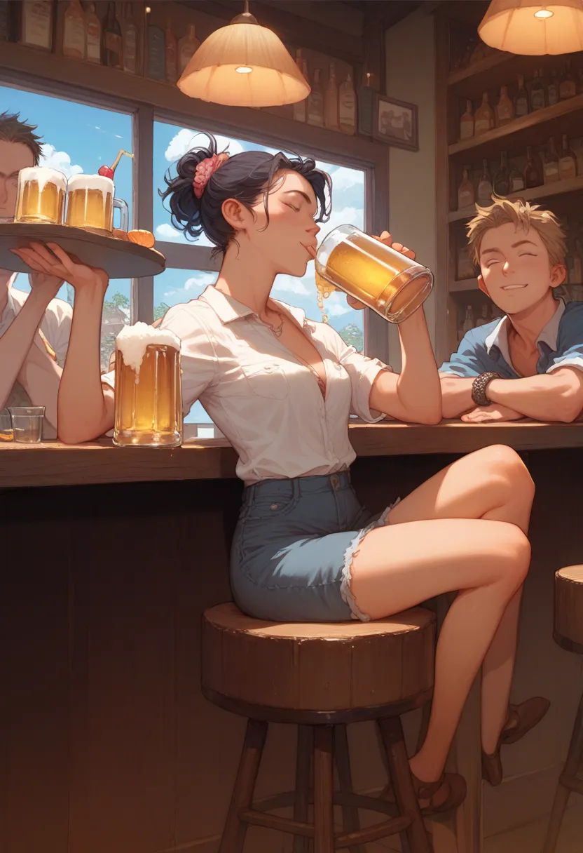 woman, Sitting at the Bar , drinking beer,  manga,  manga page,  manga art, he is having a beer and a woman comes to talk to him, cowgirl, cowgirl, Shonen  manga, Manga panel overdrinked and uncontrol 