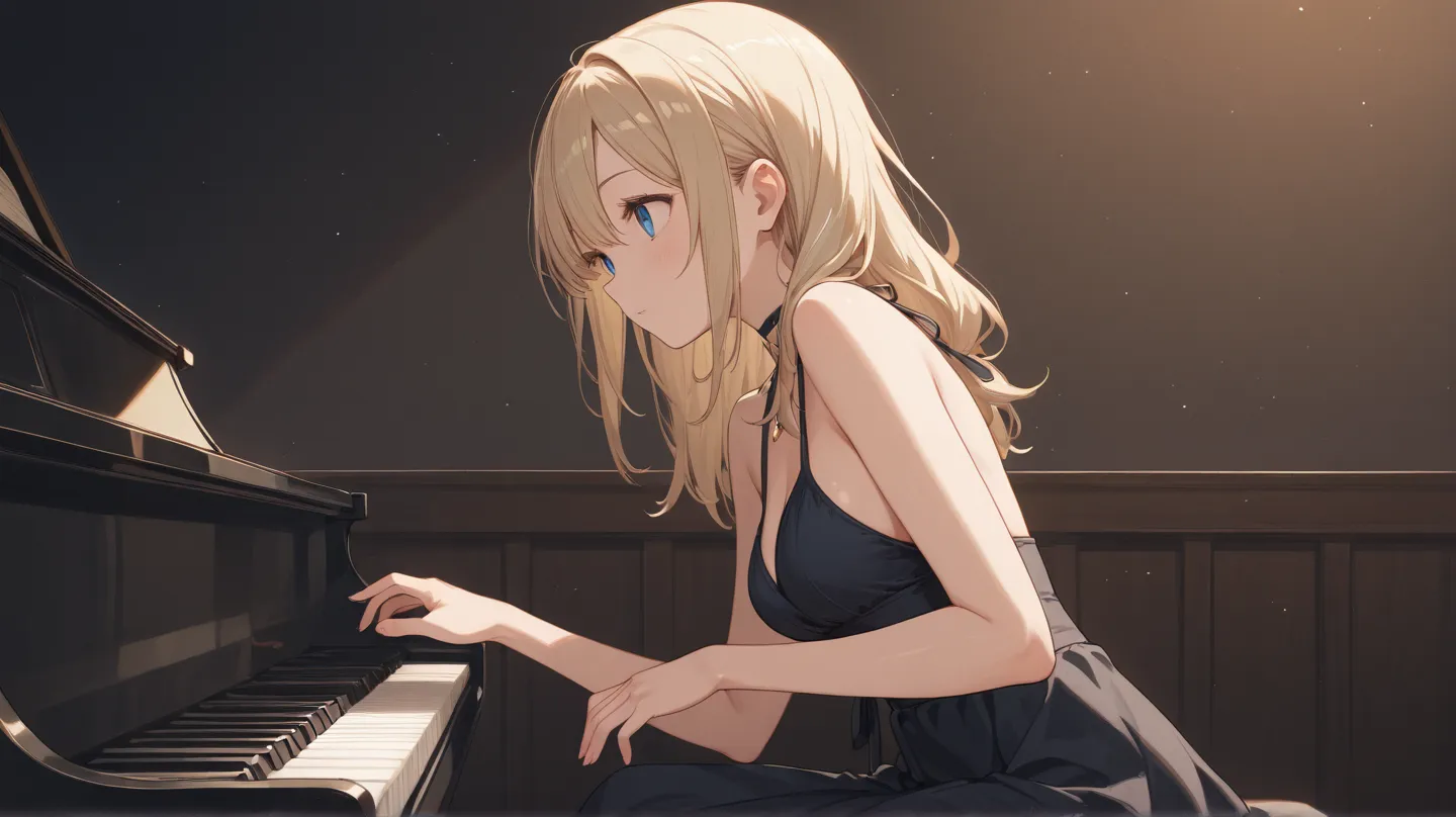 Anime Girl Playing Light Brunette Playing Piano Dark Room 