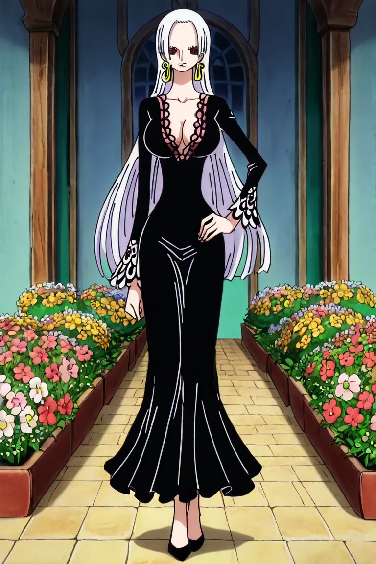 boa hancock,1girl,solo,mature,earrings, jewelry, long_hair,silver hair, red eyes,dress,black dress,very_long_hair,full body,one hand on hip,flower garden