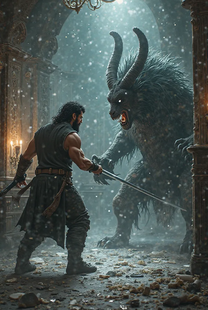  A tall man, husky,  Wearing casual clothes , Black-haired and blue-eyed with a sword in their hand fighting against a chimera in an antique room, glass on the floor, realistic