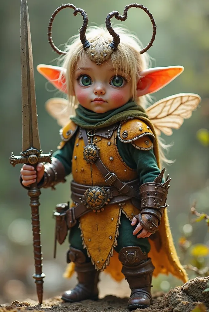 Create an image of a very small elf warrior who uses a needle as a sword and wears beetle armor 