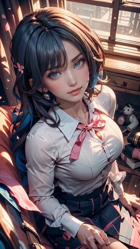 ( details beautiful eyes and  details face, masterpiece side light, masterpiece, best quality,  details, high resolution illustration), (1 girl, beautiful girl,  Shiny Skin,  Look Down, viewers), (  long sky blue hair , pink eyes, Skirt, ribbons, Button Do...