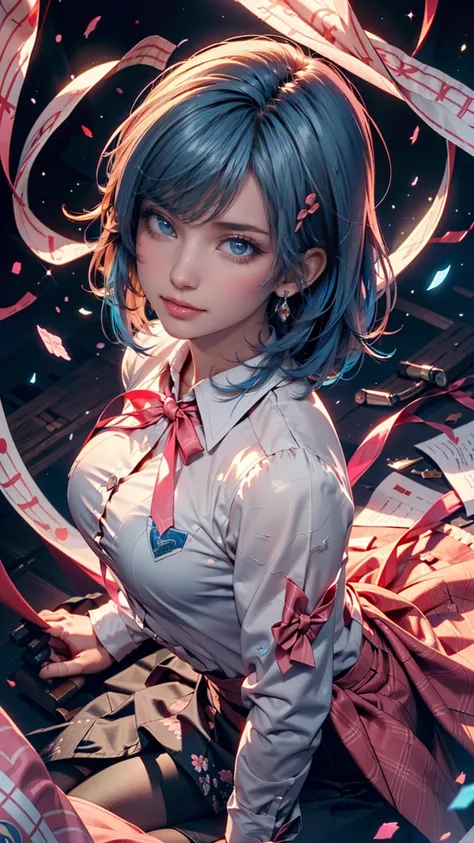 ( details beautiful eyes and  details face, masterpiece side light, masterpiece, best quality,  details, high resolution illustration), (1 girl, beautiful girl,  Shiny Skin,  Look Down, viewers), (  long sky blue hair , pink eyes, Skirt, ribbons, Button Do...