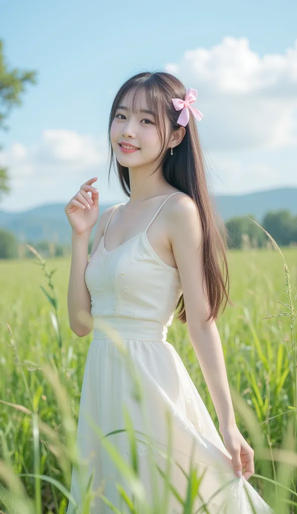 8k, a pretty girl with pink ribbon on her hair, age 20, standing in a field, with cute smile, in white dress, facing right