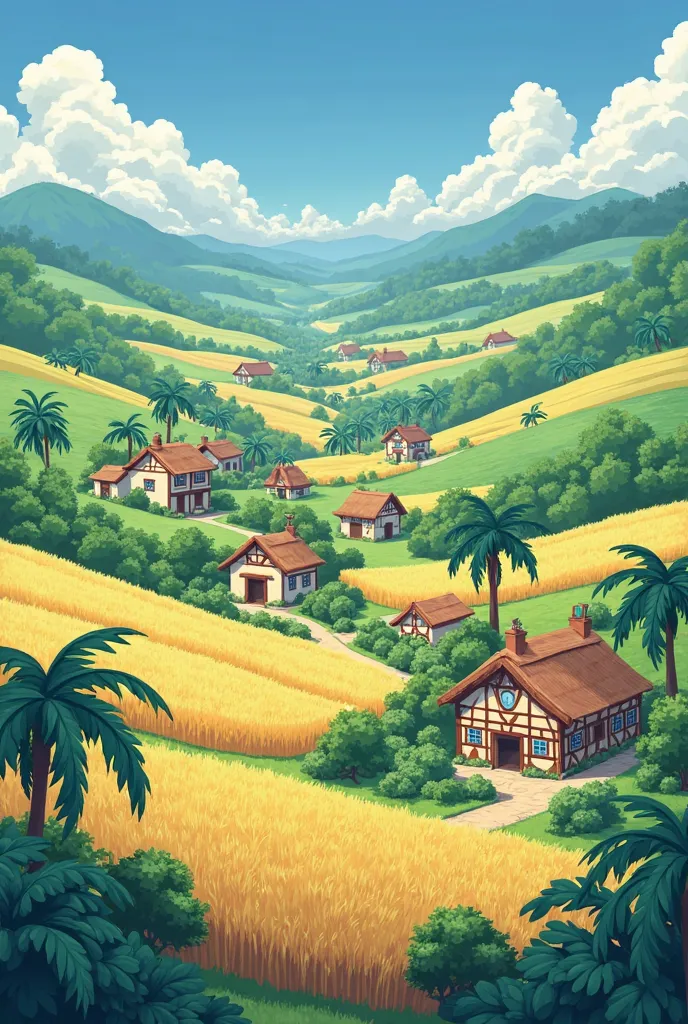 a village have yellow farm, coconut tree and green in anime
