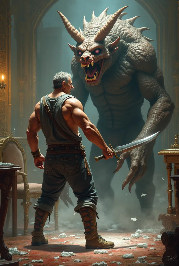  A tall man, husky,  Wearing casual clothes , with a sword in his hand fighting against a chimera in an antique room, glass on the floor, realistic