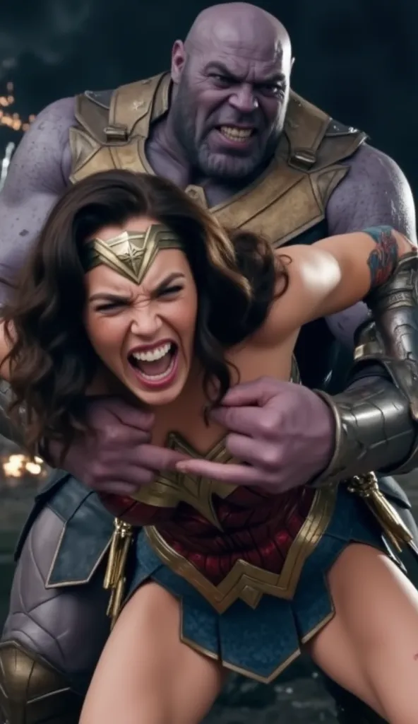 Gal Gadot is Wonder woman, fighting with the Thanos, A true amazon worrior Wonder woman, very bright white skin, brown hair, painful face, she is screaming in pain, she is bending down to the ground, a huge body Thanos is sexual assault Wonder woman from b...