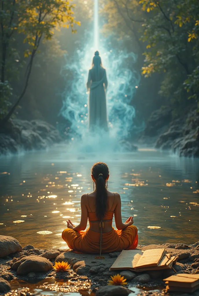 A female devotee, dressed in a traditional rishi costume, sits peacefully on the banks of a sacred river. She is deep in meditation or prayer, her posture serene and focused. The river shimmers with golden light, reflecting the divine energy surrounding it...