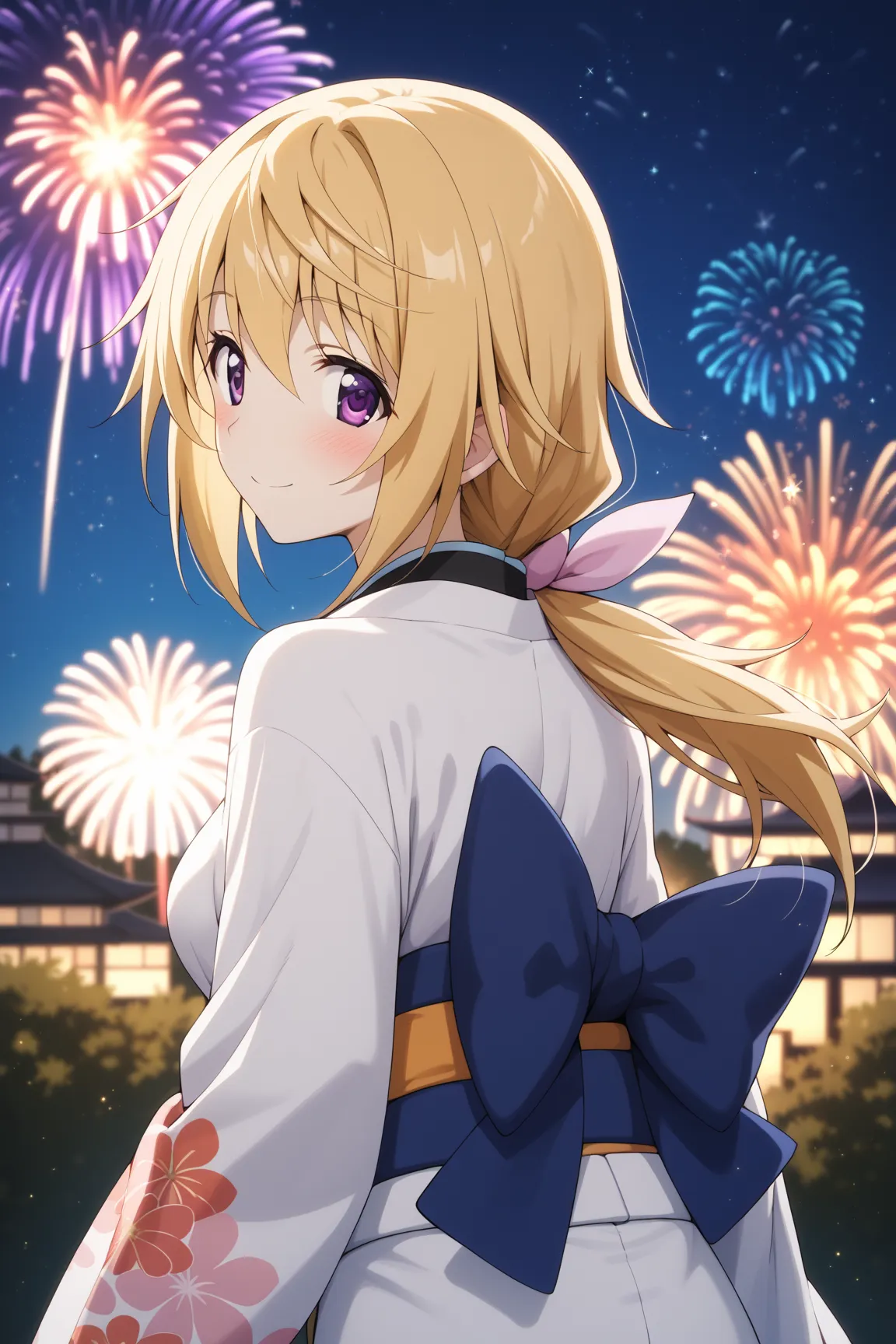 masterpiece,best quality,{{detailed beautiful face and eyes}}, very detailed background,
Charlotte Dunois,{{{megami magazine}}},long hair,blonde hair,low ponytail,hair ribbon,pink ribbon,purple eyes,medium breasts,
1girl,((kimono)),
aerial fireworks, blurr...