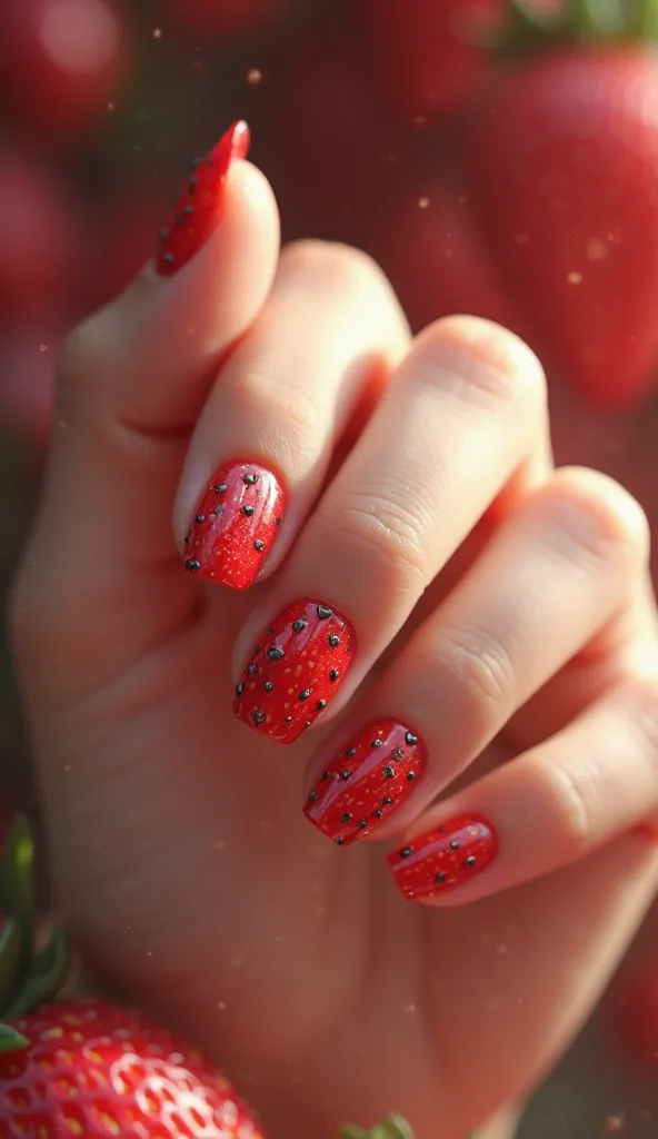 A realistic and vibrant image of a human hand positioned to display all ten fingernails prominently. The nails are painted in a playful strawberry-inspired design: a glossy, rich red base color mimics the juicy hue of ripe strawberries. Each nail features ...