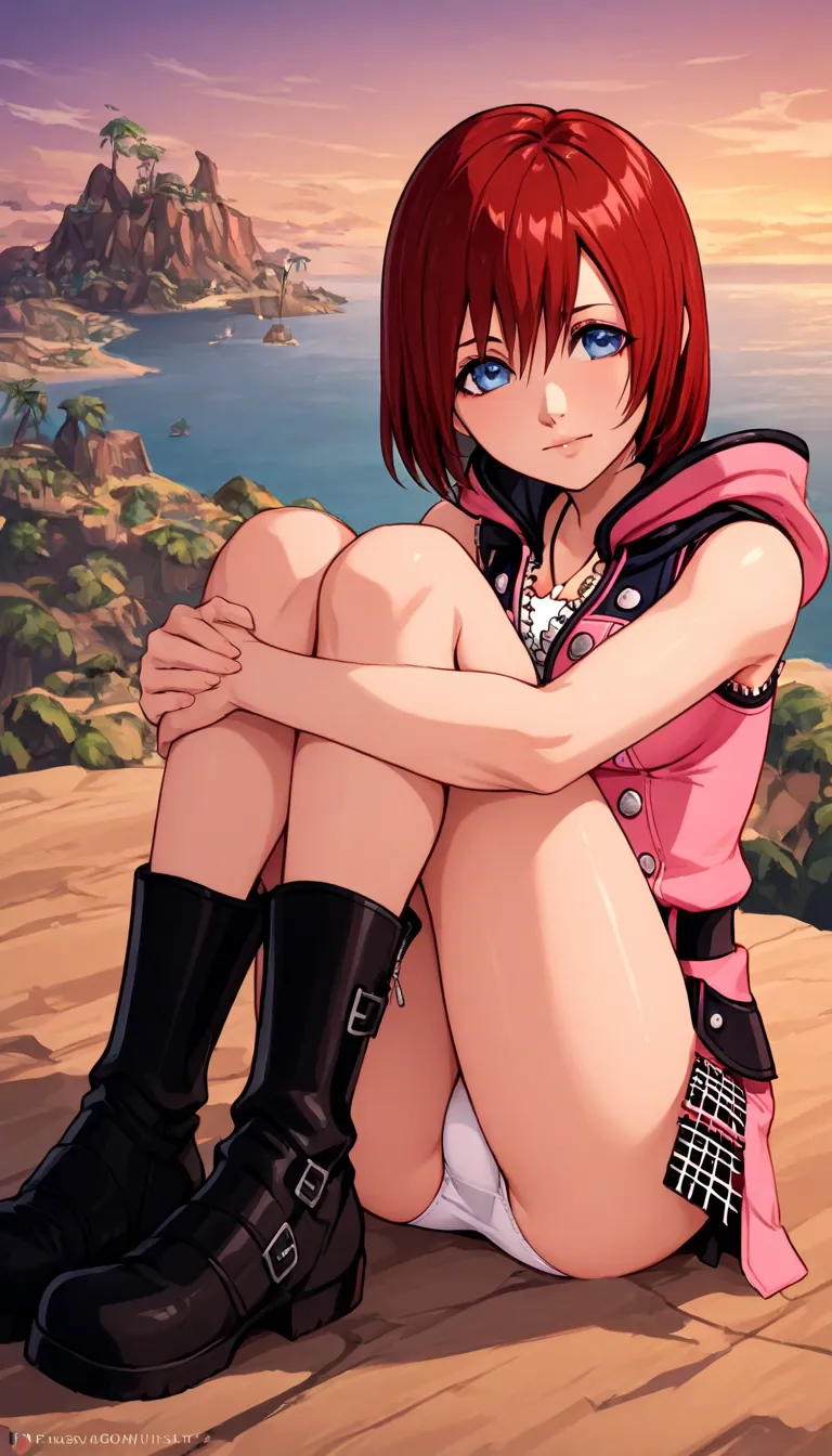 kairi, kairi (kingdom hearts), kingdom hearts, red hair, medium hair, blue eyes, pink outfit, zippers, hood, black boots, medium breasts, thighs, 1girl, solo, outdoor, island, evening, sitting, hugging own legs, white panties, HD panties, 