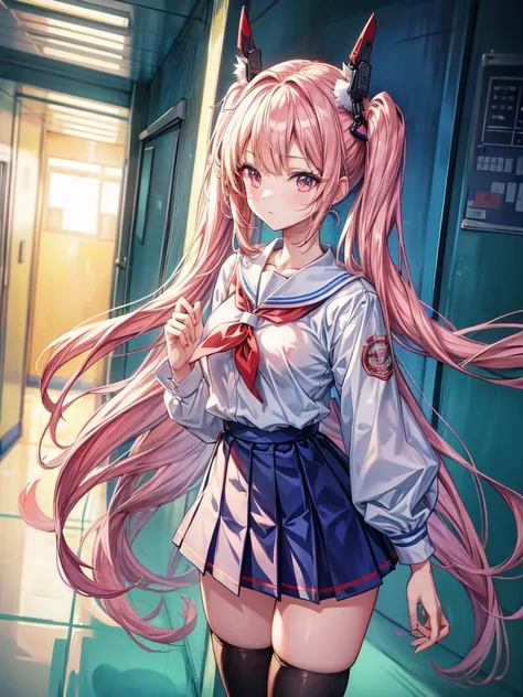 Anime Style Images of Women, Anime schoolgirls,  android heroine, realistic , Azur Lane Style, high school girl, Detailed Official Artwork,  best anime 4K , wear school uniforms in high school, ayanami, Krashert Krentzky Art Feminine,,Alone ,1 girl,Twin Ta...