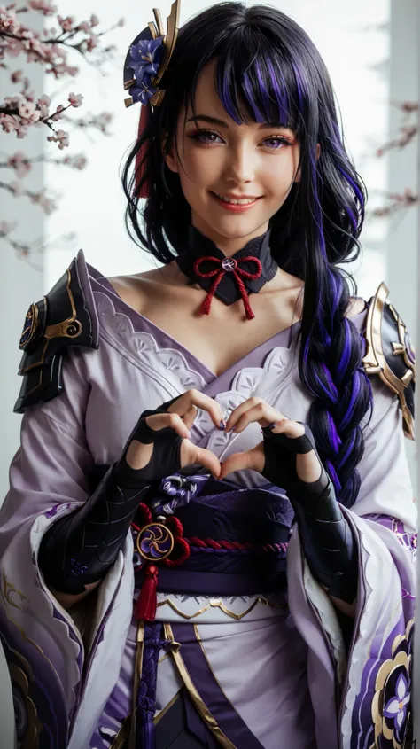 score_9,score_8_up,score_7_up,1girl,raiden_shogun_ckxl,solo,heart_hands,smile,black_hair,long_hair,streaked_hair,two-tone_hair,sidelocks,hair_ornament,absurdres,highres,;\),blunt_bangs,bridal_gauntlets,commentary,long_sleeves,looking_at_viewer,low_ponytail...