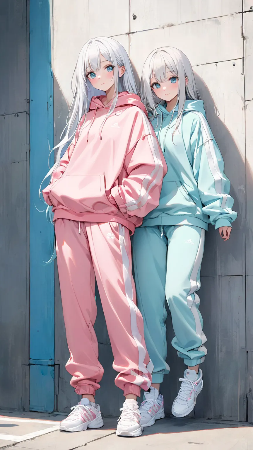 2 girls with long hair white hair、About the same height、light pink oversized tracksuit、light cyan oversized tracksuit、