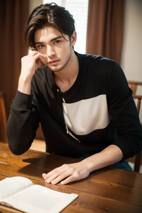 Hot guy with beautiful hands resting on table.