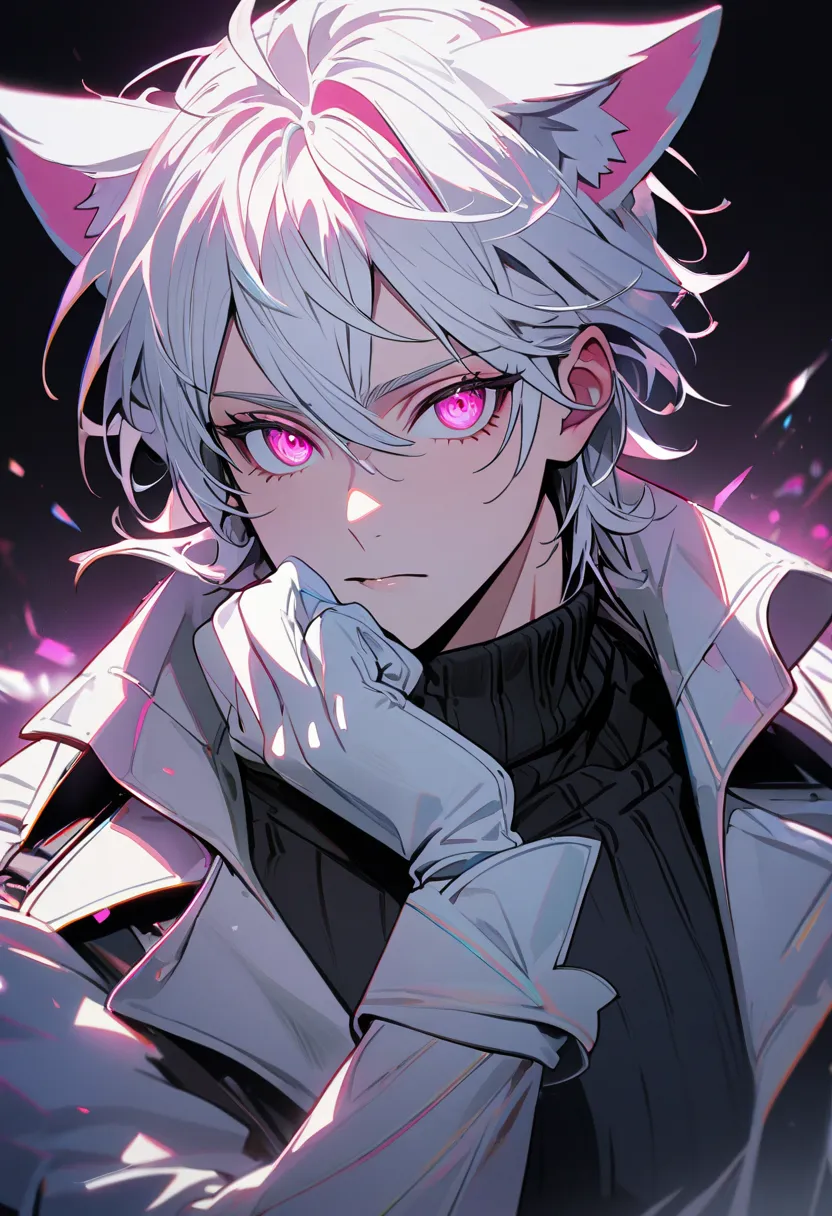 1 man, white hair, Super Detailed Pink Eye ,  kitten ears , wearing a simple black long sleeve sweater, Over the top he wears a cold white overcoat, Use gloves,  slightly muscular body , 4K,  bright colors, high quality detail , detailed shadows, masculine...